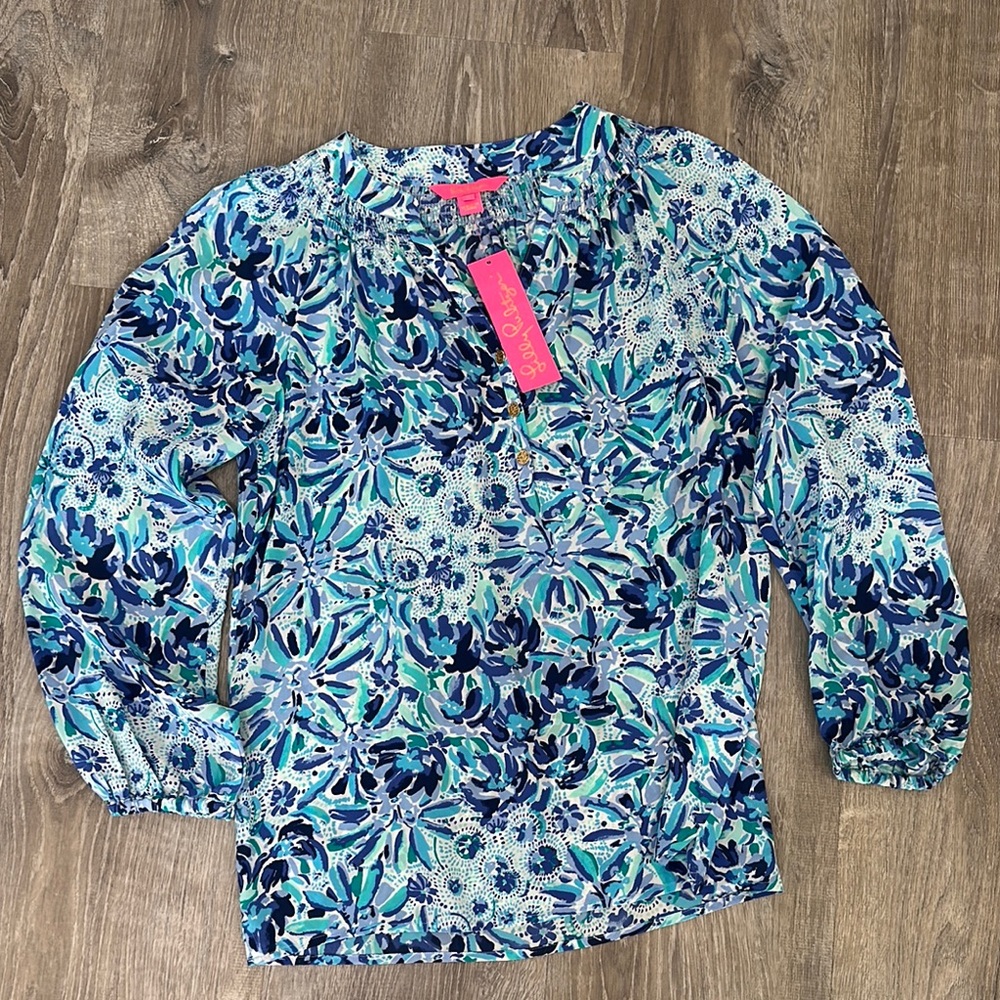 Lilly Pulitzer Blue Ruffled Blouse with Mandarin Collar